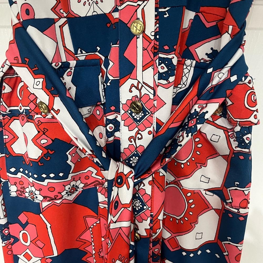 Multicolor navy pink white and orange gold buttons with waist tie dress